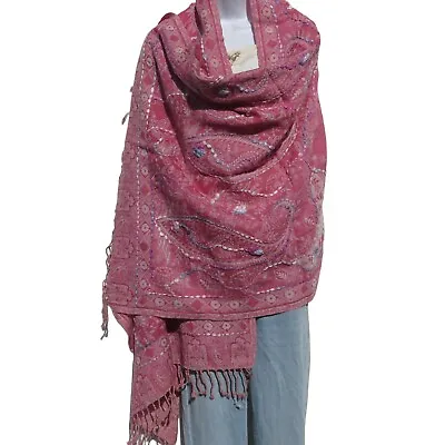 Shawl | Embroidery | Yak + Sheep Wool Blend | Stitched| Handmade | Pink & Ivory • $82.80