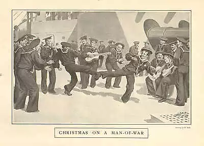 Christmas On A Man-O-War Navy Sailors Dance On Deck Vintage 1902 Antique Print • $18