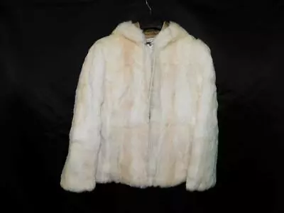 Vintage S White Brown Rabbit Fur Coat With Hood Zip Front Pockets 1980s Woman Sm • $49.99
