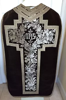 Vtg Black Velvet Fiddleback Chasuble Funeral Vestment Silver Trim IHS Floral • $225