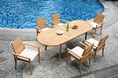 7-Pc Outdoor Teak Dining Set: 94  Oval Extn Table 6 Stacking Arm Chairs Alps • $2693.60