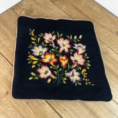 Vintage Needlepoint Tapestry Cushion Cover Floral Country Cottage Black Square • £12.99