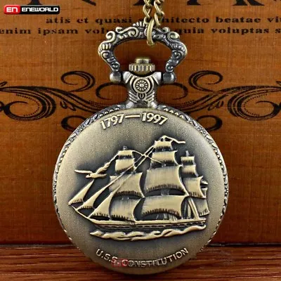 Bronze USS Constitution Sailing Boat Pocket Watch Retro Quartz Pendant Necklace • $4.99