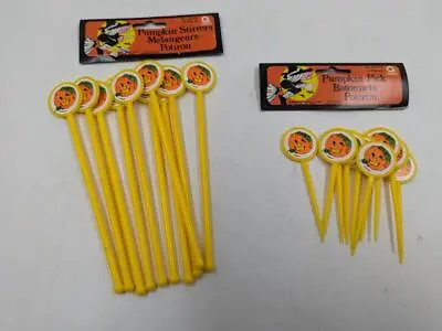 Vintage Amscan Plastic Halloween Pumpkin JOL Cupcake Picks And Drink Stirrers • $14.99