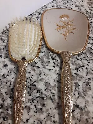 Vintage Hand Held Mirror And Brush Vanity Set Gold Tone Metal Floral Design Back • $12.50