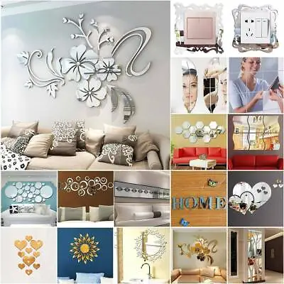 Acrylic 3D Mirror Tiles Wall Stickers Removable Self-Adhesive Decals Decor New. • £4.03