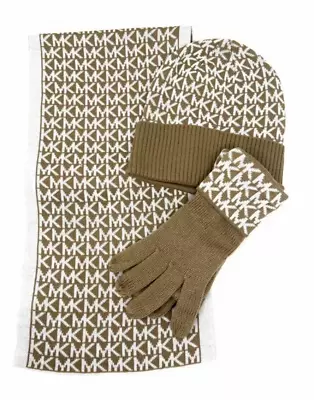 Nwt Michael Kors Scarf Beanie & Glove 3-pc Set Dark Camel / Cream  Msrp $98.00 • $49.95