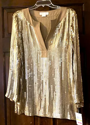 NWT Michael Kors Sequins Galore Gold LS Tunic Top V-neck Bling SHINE Size M • $49.95