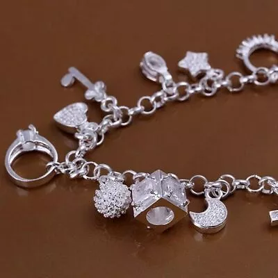 925 Sterling Silver Womens Stylish Chain Link Wedding Charms Cute Bracelet • $0.66