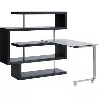 ACME Buck II Glass Top Writing Desk In Chrome And Black High Gloss • $744.83