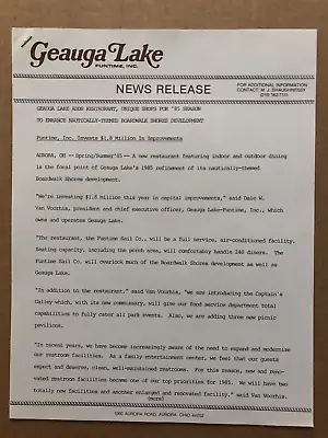 Vintage 1985 GEAUGA LAKE Amusement Park News Release BOARDWALK RESTAURANTS • $19.99