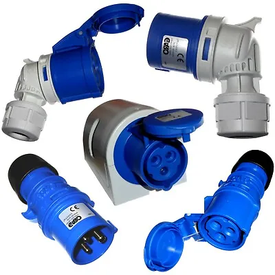 16 Amp 3 Pin 240V Blue Plug Coupler Socket Angled 2P+E 16A IP44 Garo - EU Made • £10.95