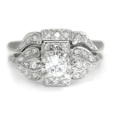 Vintage Round Diamond Engagement Ring Set 14K White Gold .40ctw • $2895
