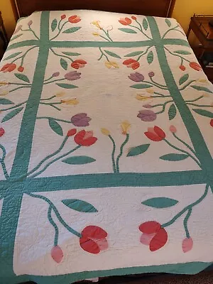 Vintage Hand Made Quilted Tulip Applique Quilt Washed • $99