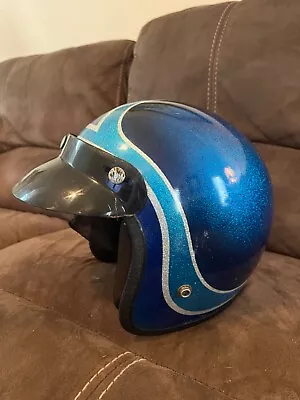 VINTAGE 1970's MEDIUM MAX BLUE/SILVER METAL FLAKE MOTORCYCLE HELMET • $90