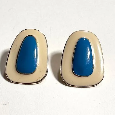 Vintage Retro Earrings 1980s 1990s Blue & White Enamel Rectangular Shape • $10.39