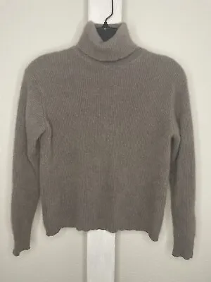 Vtg N PEAL 100% Cashmere Fine Ribbed Knit Taupe Turtleneck Sweater Women L Brown • $99.95