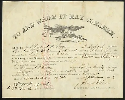 $495 • Buy Rare, Partly-Printed 1863 Soldier’s Discharge – 2nd Nebraska Volunteer Cavalry