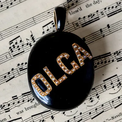 Unique Antique English Whitby Jet Gold Pearl Baby Mourning Locket 'olga' 1883 • $1750