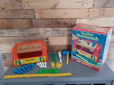 Vintage 1980 Fisher Price Woodtop Plastic Work Bench Tools Kit #927 Original Box • $29.99