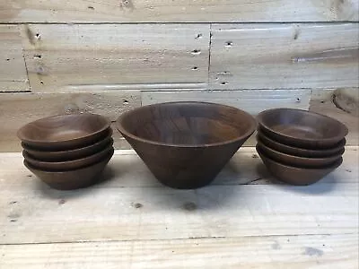 BURL WALNUT 45 Salad Serving Bowl 10.5” W/ 8 Individual Bowls 6.5” Vintage • $44.67