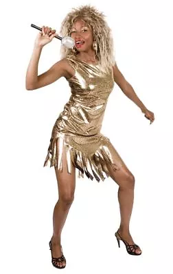 Womens Gold Tina Turner Rock Queen Costume Pop Star 80s Fancy Dress Outfit • £20.99