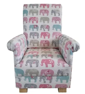 Children's Chair Kids Armchair Clarke Pastel Elephants Fabric Child's Pink Grey • £119.95