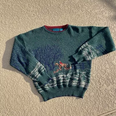 Vtg Equestrian Fox Hunt Sweater Green 85% Acrylic 15% Wool Size M • $50