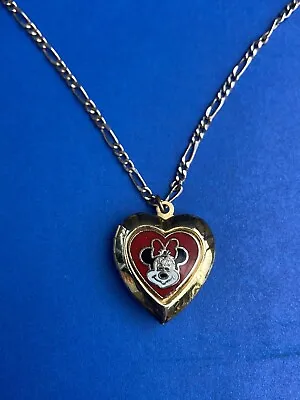 Heart Locket Minnie Mouse Vintage Disney Necklace Red Enamel On Chain + Pouch • £18.50