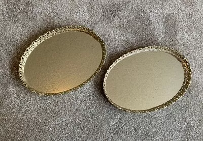 Vintage Oval Mirrored Vanity Tray Gold Toned Filigree Set Of 2 • $19.80