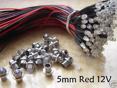 $0.99 • Buy 5, 5mm Red 12V Car,Boat LED + Metal Holder Bezel, 5HR