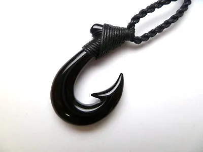 Hawaii Buffalo Bone Jewelry Black Fish Hook Carved Maori Hei Matau New Zealand • $20.79