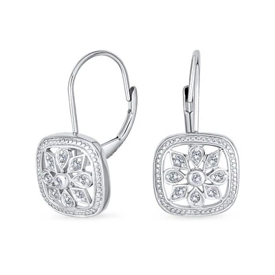 $32.99 • Buy Square CZ Deco Style Snowflake Leverback Drop Earrings Sterling Silver