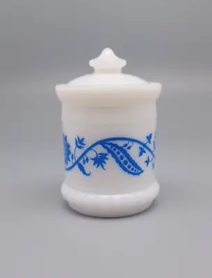 Vintage Hazel Atlas Milk Glass Jar Container With Lid Blue Floral Design • $11.84