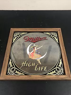 Vintage 1980 Miller High Life Girl On The Moon Beer Mirror Bar Sign 12x12 *nice* • $59.97