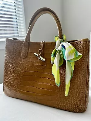 Longchamp Tan Brown Roseau Croc Embossed Leather Toggle Shopper Top Handle Bag • $191