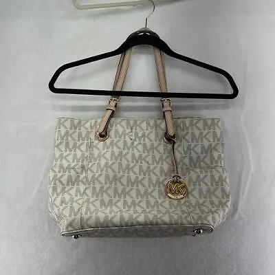 Michael Kors Jet Set Monogram Logo MK Tote Purse Handbag Shoulder White Tan • $45