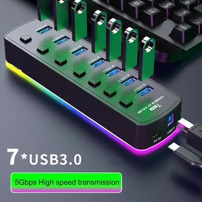 USB3.0 7 Port Data Hub With Individual On/Off Switch And LED Lights High Speed • $18.69