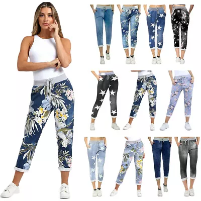 Womens Floral Print & Plain Italian Trousers Ladies Casual Jogging Bottoms Pants • £9.69