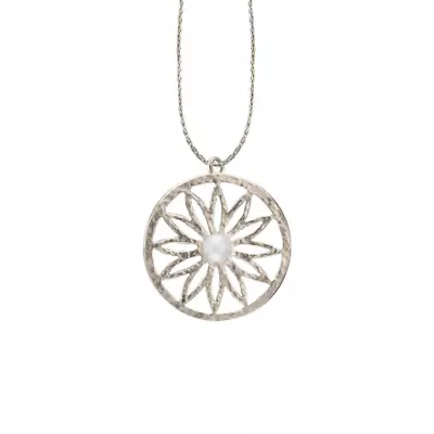 Silver Mandala Pendant Necklace With Pearl Flower Shape Charm Boho Style Jewelry • $103