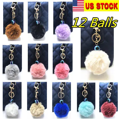 12PC Faux 8CM Rabbit Fur Pom Poms Ball Key Chain Hand Bag Car Charm 12 Colors • $15.99