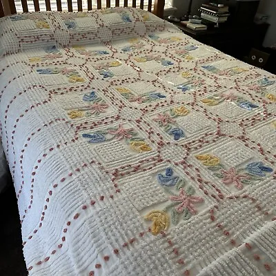 Vintage Chenille Bedspread~ 90” X 100” ~ Spring Colors~ Flowers • $79.99