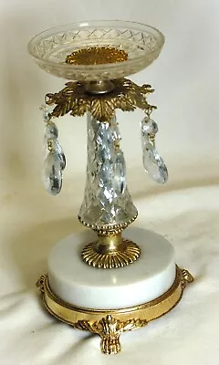 Ornate Girandole Candle Holder Teardrop Crystal Prisms & Marble Base Vintage • $49.99