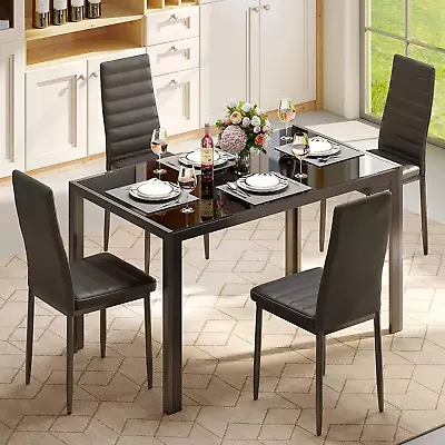 Gizoon 5 Piece Glass Dining Table Set Kitchen And Chairs For 4 PU Leather Mode • $180.49