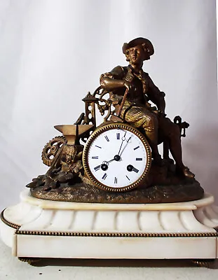 French Romantic Table Clock Worker With Alabaster Base Japy Freres Movement • $595