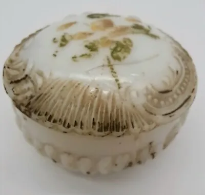 Antique Milk Glass Powder Vanity Trinket Jar Box Hand Painted • $8