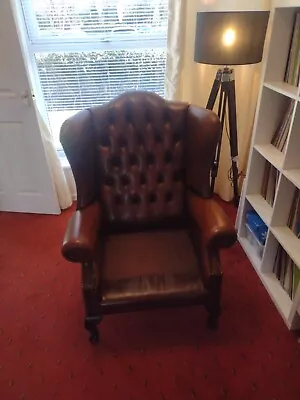 Queen Anne Wing Back Leather Chesterfield Chair Great Patina & Wear No Cushion  • £50