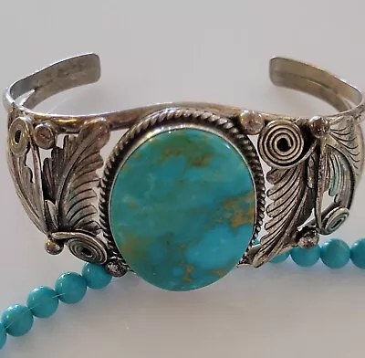 Signed Old Pawn Vintage Fred Harvey ERA 1990s Turquoise & Sterling Bracelet • $56