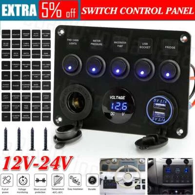$25.95 • Buy 12V Switch Panel USB Charger 5 GANG ON-OFF Toggle LED Rocker For Car Boat Marine