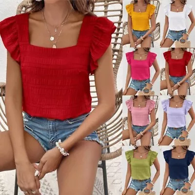 Womens Summer Square Neck Tee Tops Ladies Plain Pullover Ruffled Sleeve T-Shirts • £9.39
